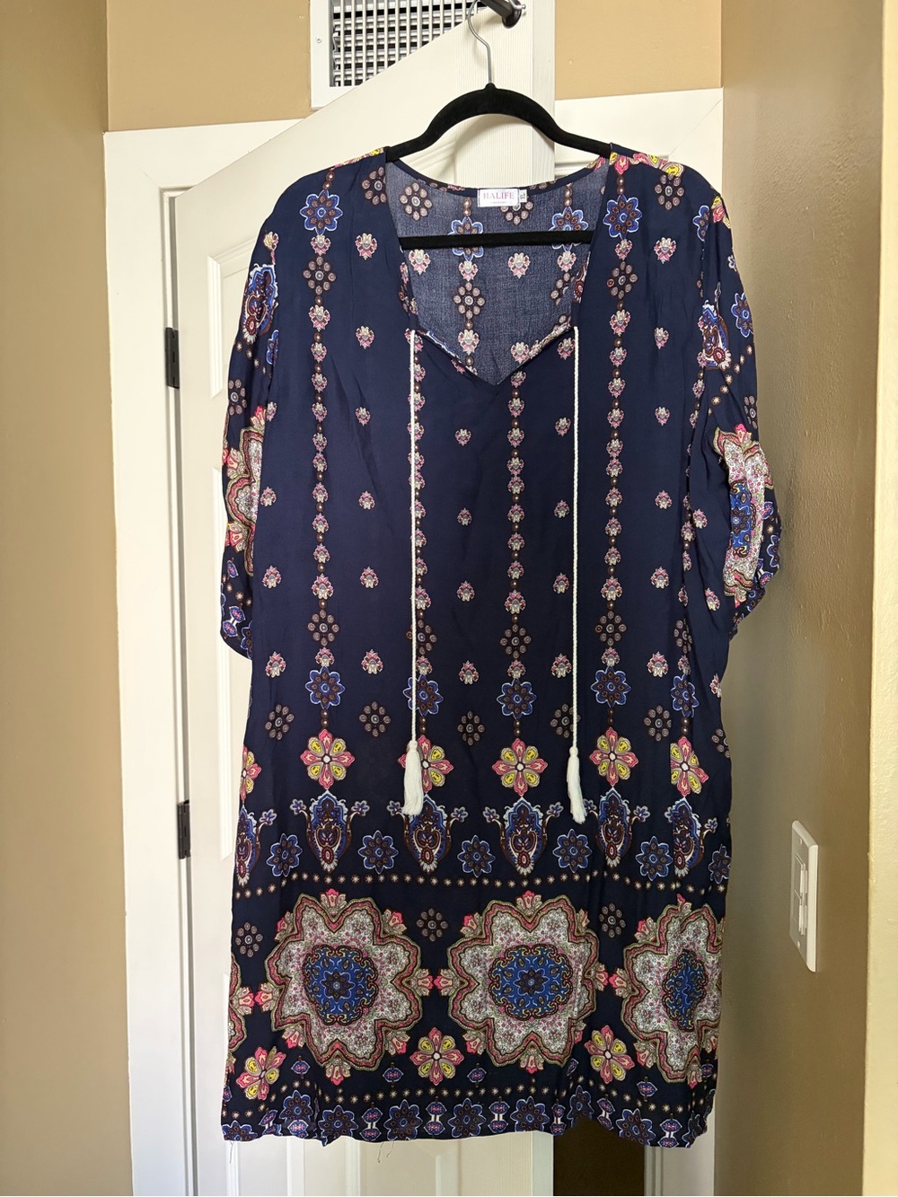 Navy Floral-Print Midi Dress with Tassel Tie